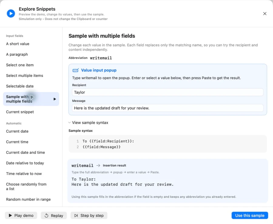 The built-in Pocket Paste snippet examples and form controls
