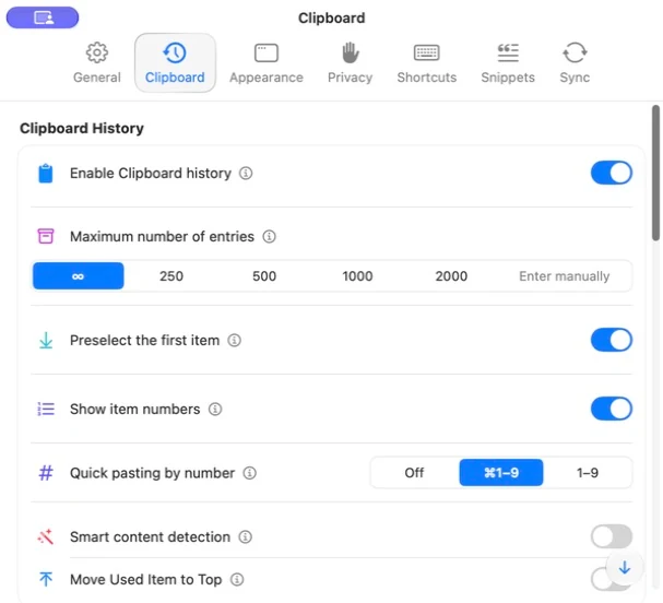 Pocket Paste Clipboard settings showing history limits and quick-paste options