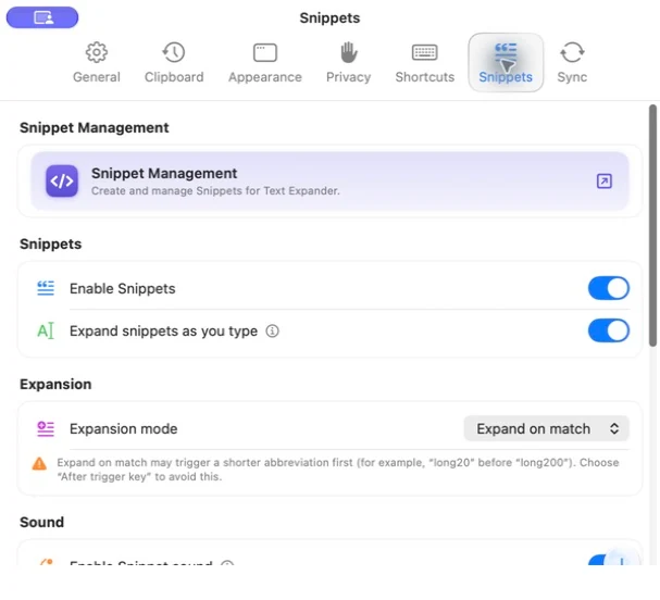 Snippet expansion settings in the real macOS app
