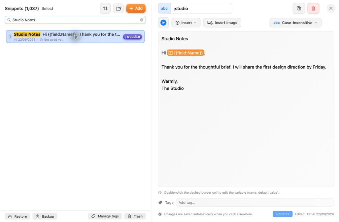 Pocket Paste’s snippet manager with an English message template